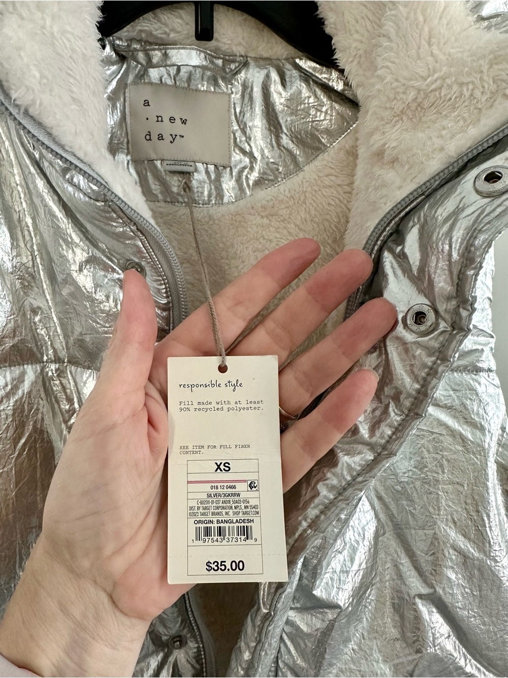 a new day Silver Metallic Fur Lined Zipper Puffer Vest - Picture 7 of 7